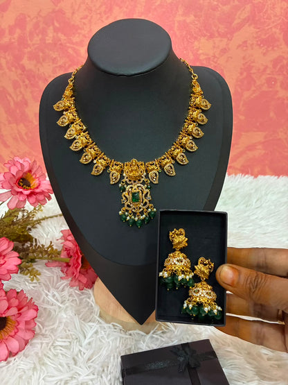 Gold-plated temple style Lakshmi motif necklace set with Mango shaped design